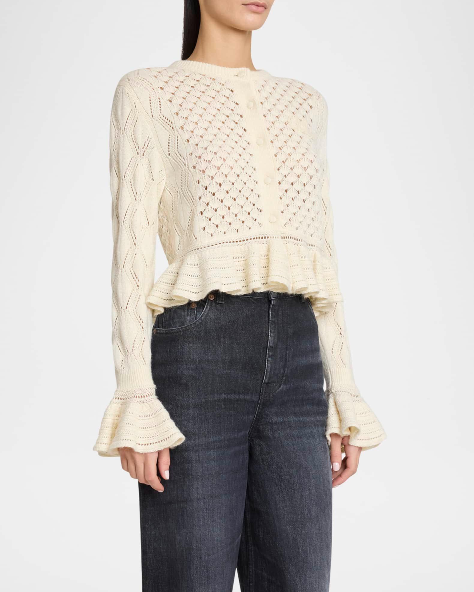 Open-Knit Ruffle Crewneck Cardigan Product Image