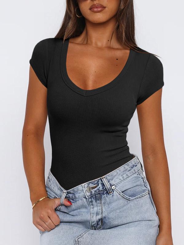 Short Sleeves Skinny Solid Color Split-Joint U-Neck T-Shirts Tops Product Image