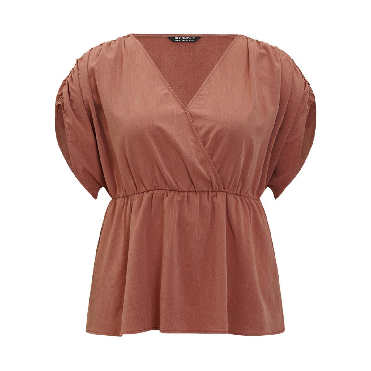 Plus Size Rust Plain Ruched Shoulder Wrap Blouse Women Elegant Short sleeve V-neck Dailywear Blouses BloomChic 12/L Product Image