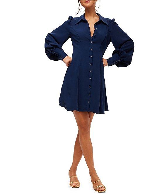 Trina Turk Lanea V-Neck Point Collar Bishop Long Sleeve Mini Dress Product Image