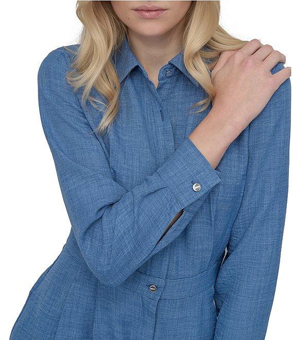 DKNY by Donna Karan Point Collar Long Sleeve Button Front Melange Washer Shirtdress Product Image