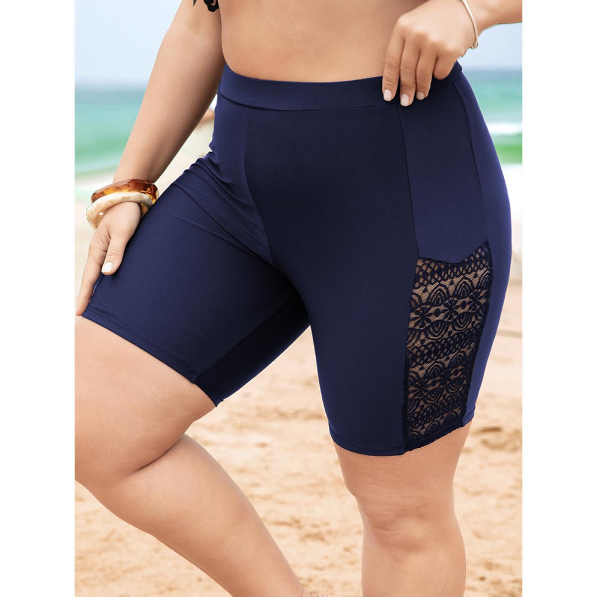 Plus Size Lace Insert High Waist Swim Shorts Women's Swimwear Indigo Vacation See through High stretch Skinny High Rise Curve Swim Bottoms BloomChic 10/M Product Image