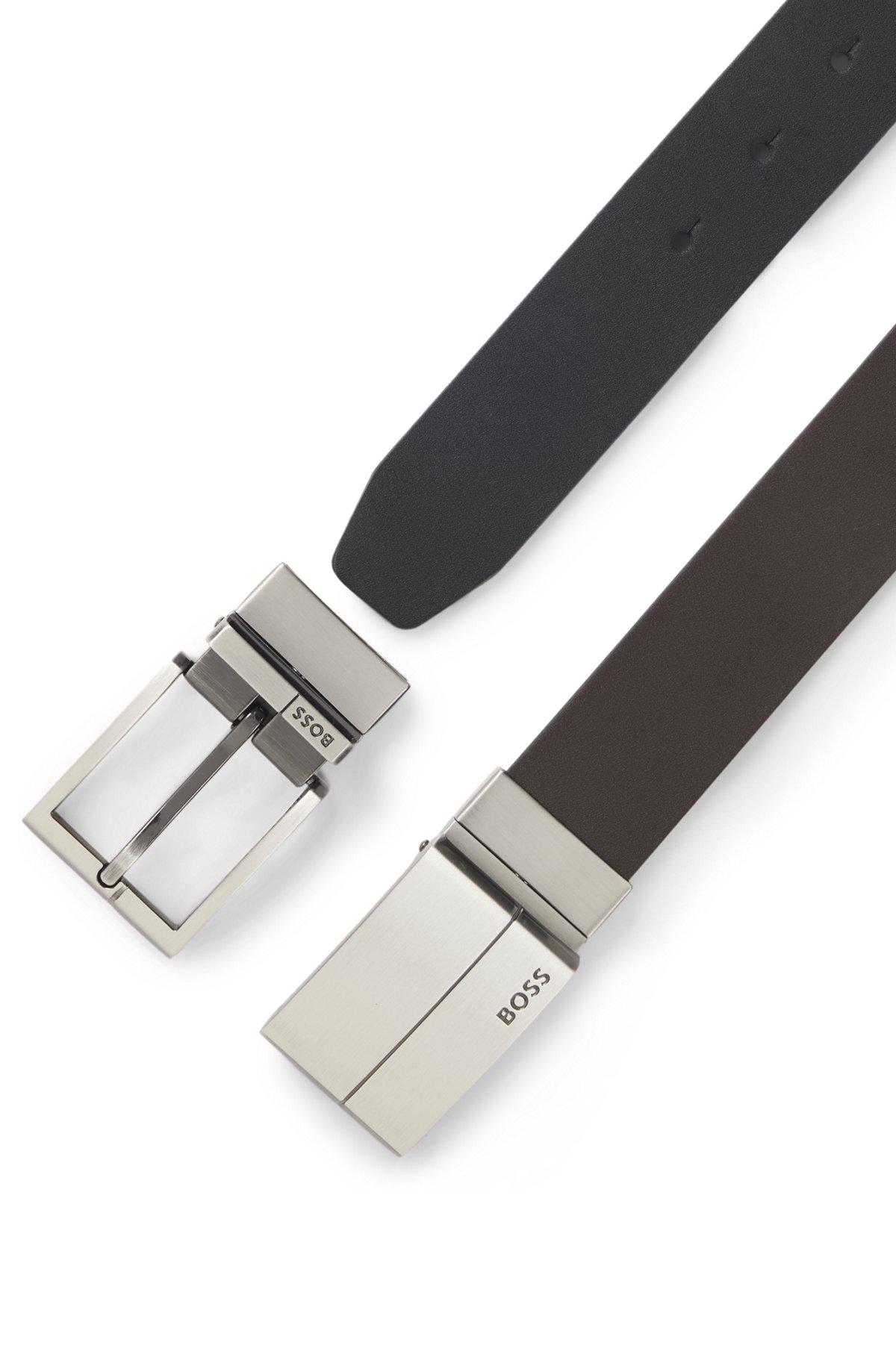 Reversible-leather belt with pin and plaque buckles Product Image