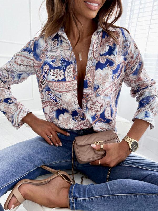 Long Sleeves Loose Printed Lapel Blouses Product Image