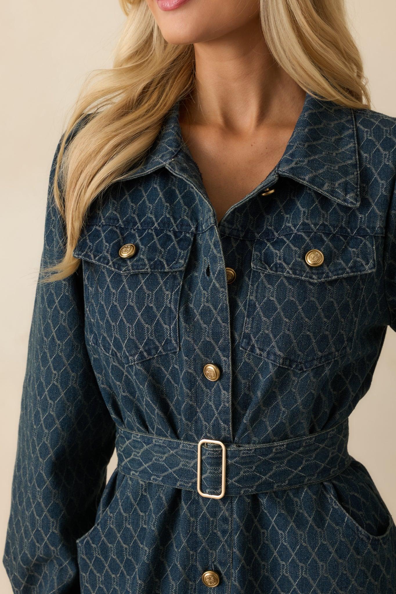 Just As I Said Blue Cotton Patterned Denim Belted Midi Dress Product Image