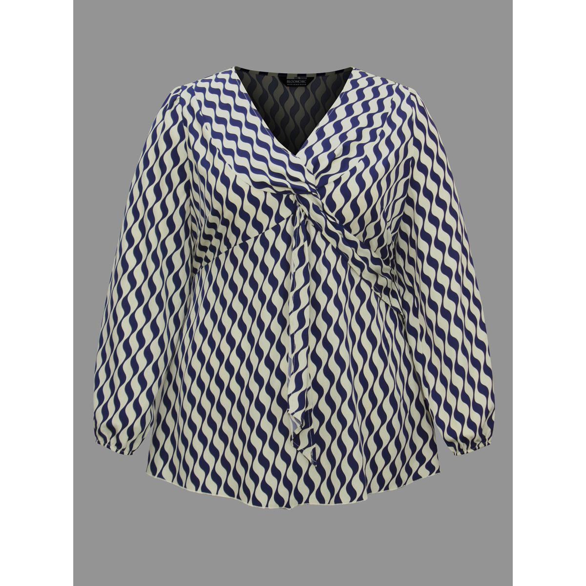 Plus Size Indigo Geometric Print Twist Front Blouse Women At the Office Extra Long Sleeve V-neck Work Blouses BloomChic 28/5X Product Image
