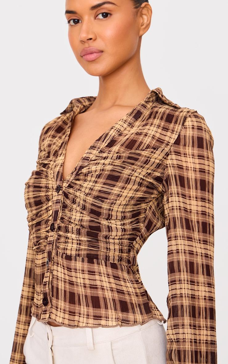 Brown Plisse Chiffon Check Blouse Product Image