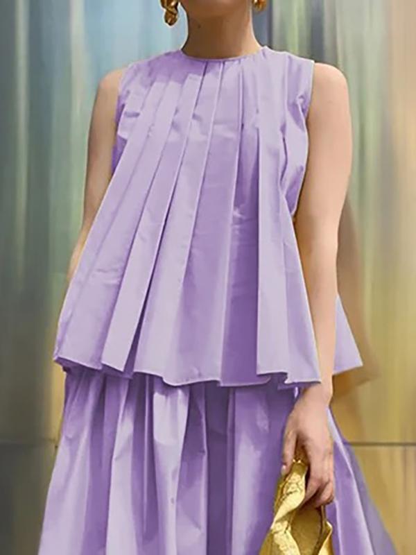 A-Line Loose Pleated Solid Color Round-Neck Vest Top Product Image
