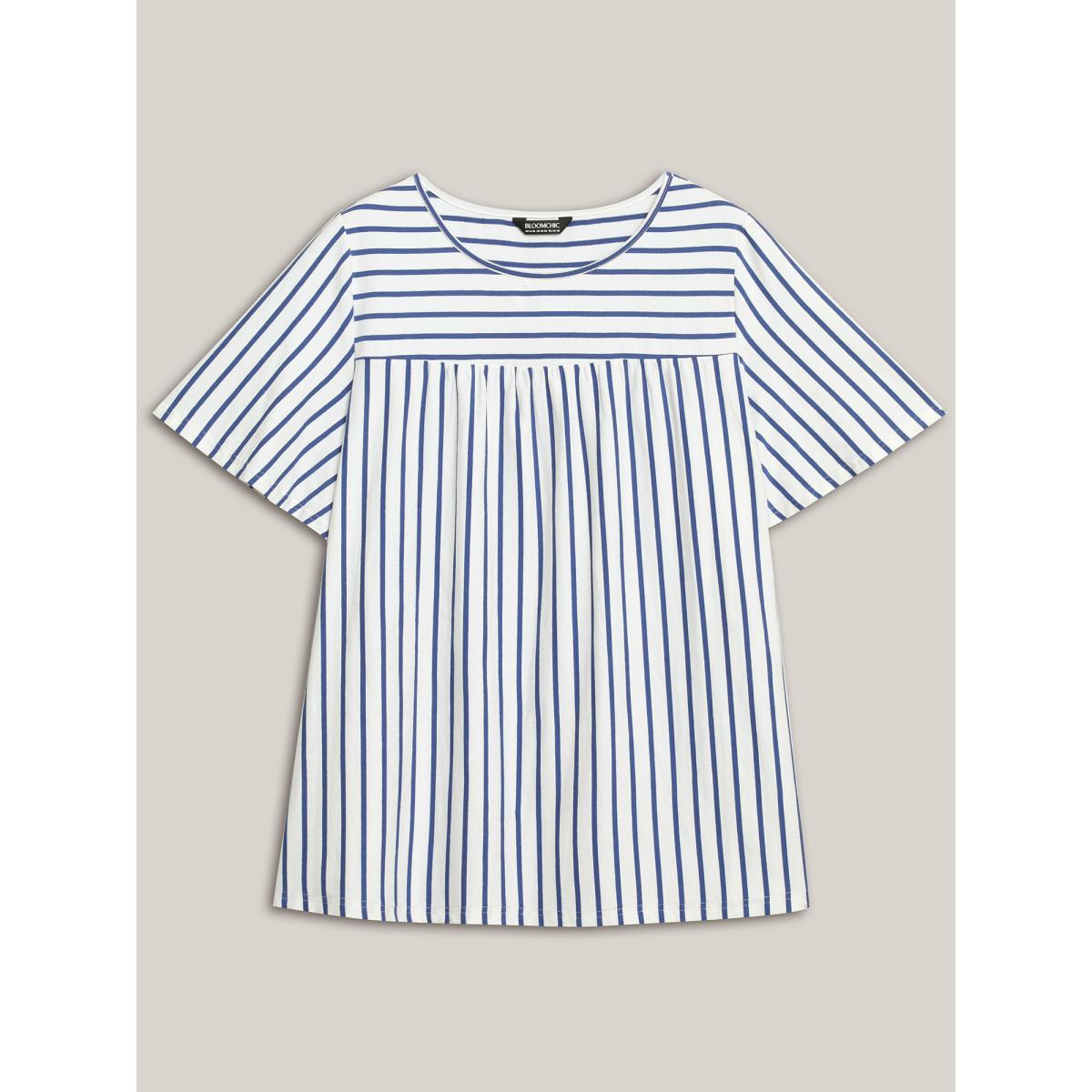 Plus Size Stripes Everywhere Round Neck T-Shirt DarkBlue Women Gathered Round Neck Everyday-Casual T-shirts BloomChic 28/5X Product Image