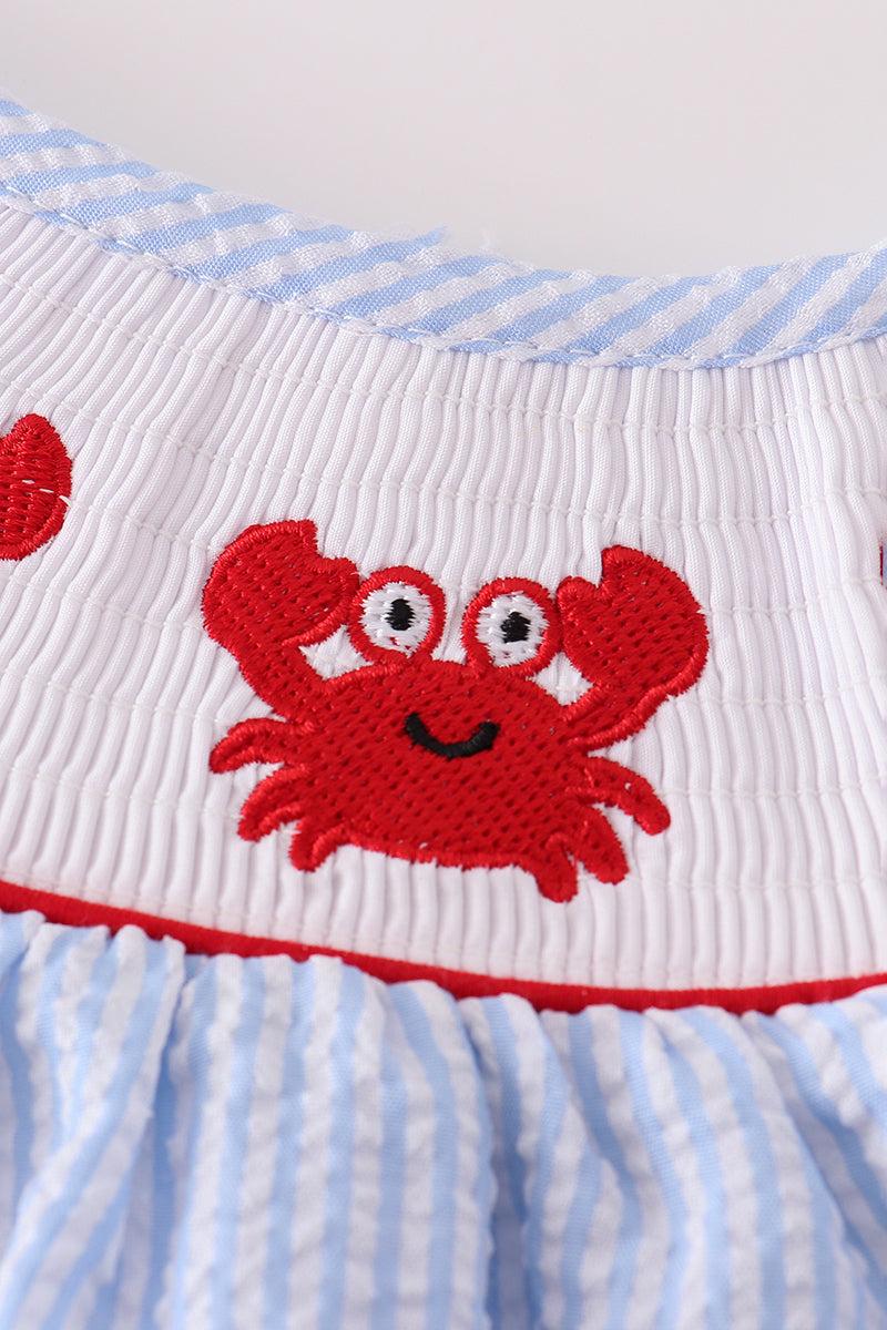 Blue seersucker crab embroidery smocked dress Product Image