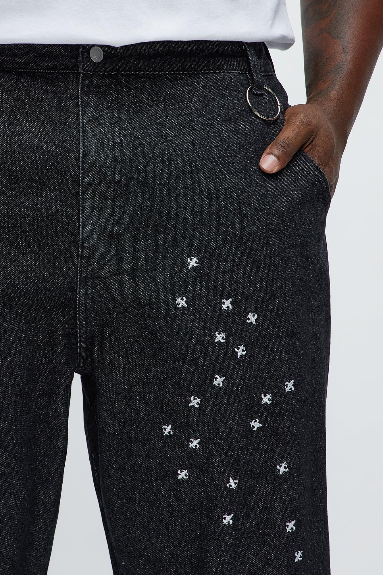 Baggy Embroidered Crosses Jeans - Black Male Product Image