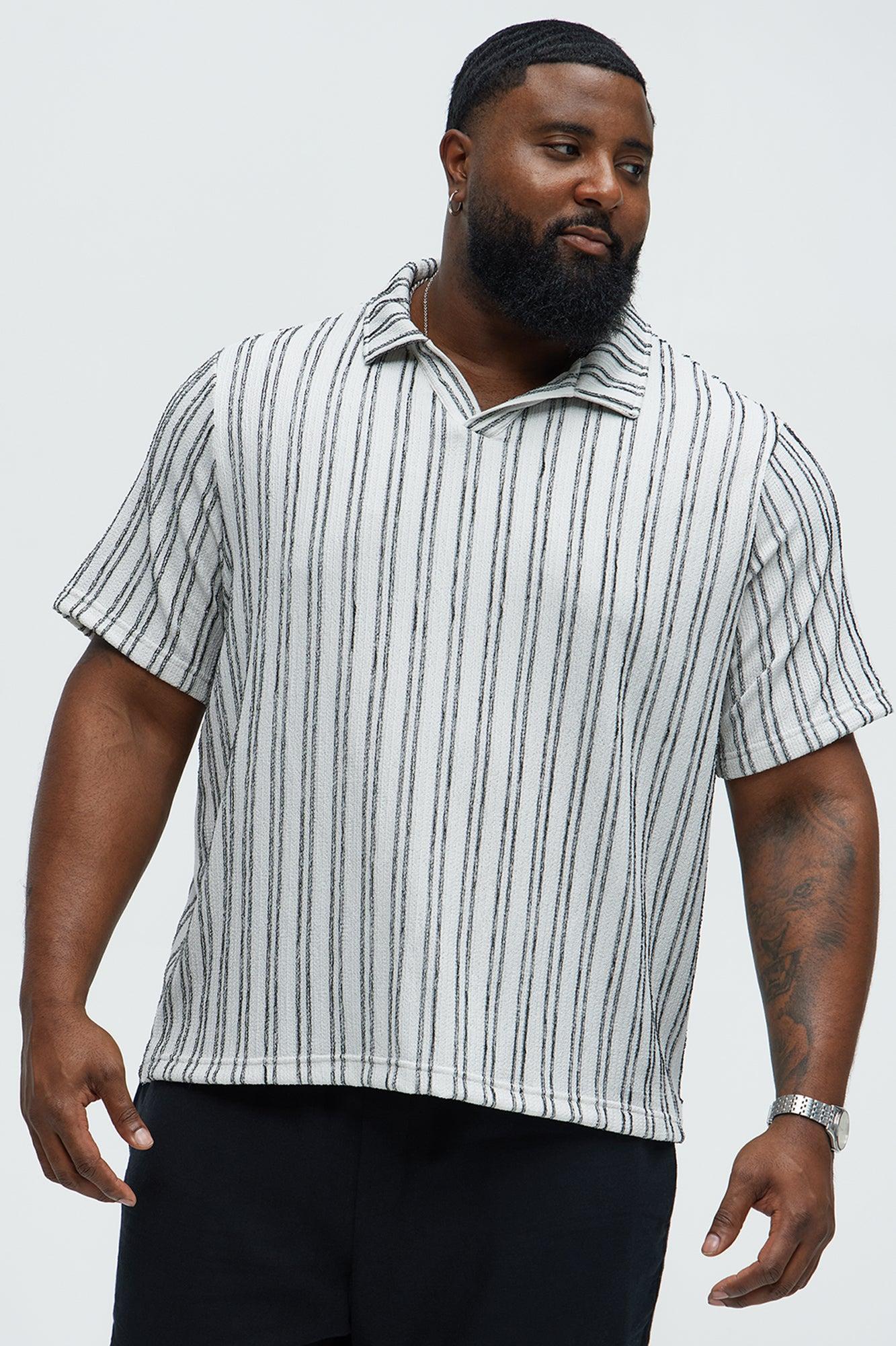 Glenley Texture Stripe Knit Johnny Collar Shirt - Grey/combo Product Image