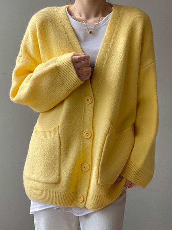 Solid V Neck Breasted Knit Cardigan Product Image
