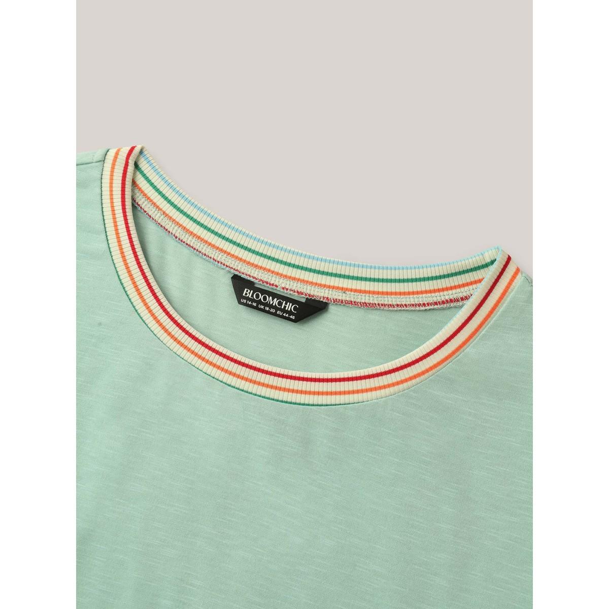 Plus Size Plain Puff Sleeve Crew Neck T-Shirt Greenbean Women Playful Contrast Round Neck Casual T-shirts BloomChic 28/5X Product Image