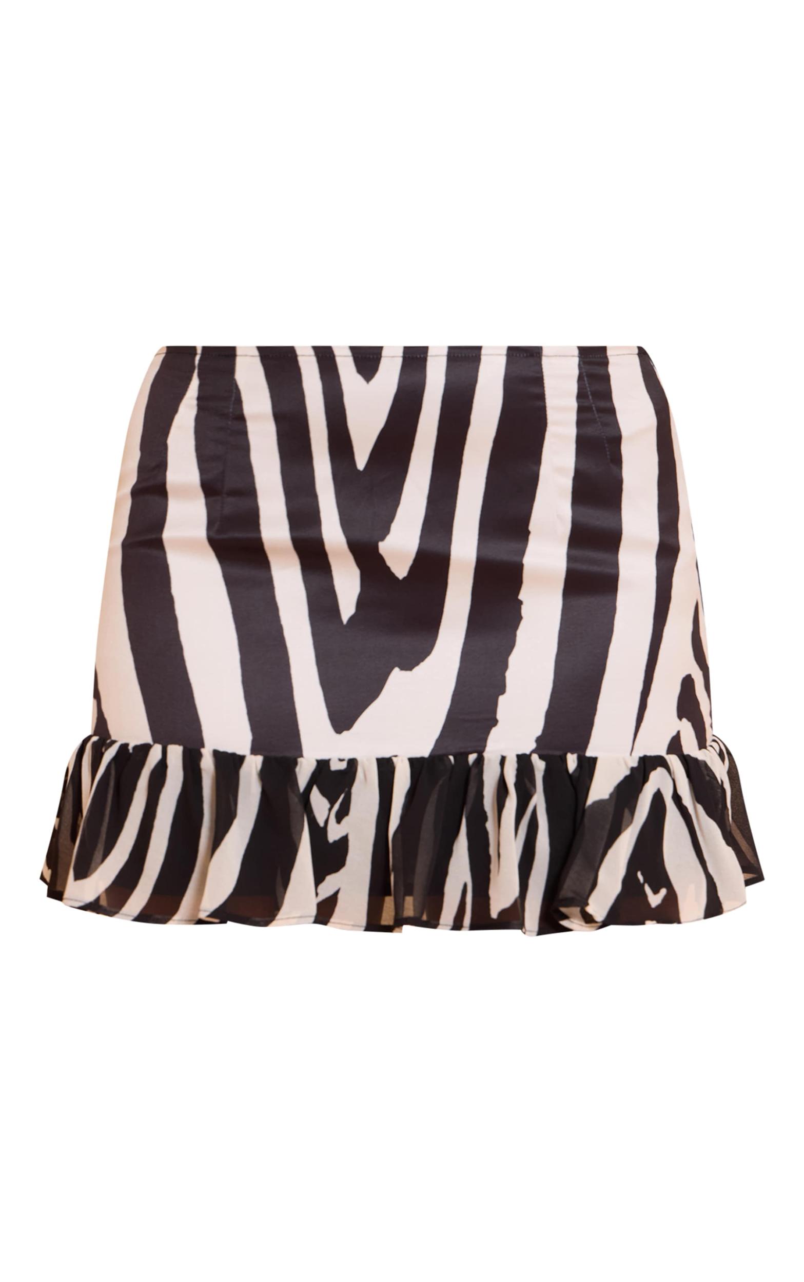 Black Satin Printed Chiffon Frill Hem Mini Skirt Product Image