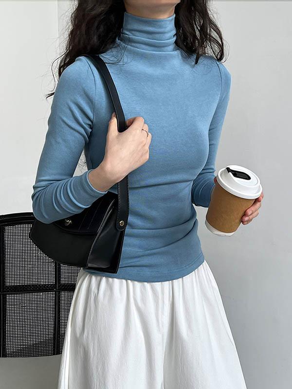 Long Sleeves Skinny Solid Color Split-Joint High Neck T-Shirts Product Image