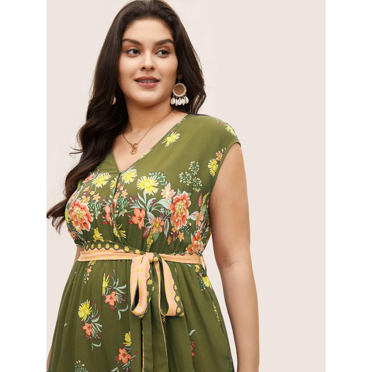 Plus Size Sage Boho Print Overlap Collar Belted Sleeveless Jumpsuit Women Resort Cap Sleeve V-neck Vacation Loose Jumpsuits BloomChic 18-20/2X Product Image