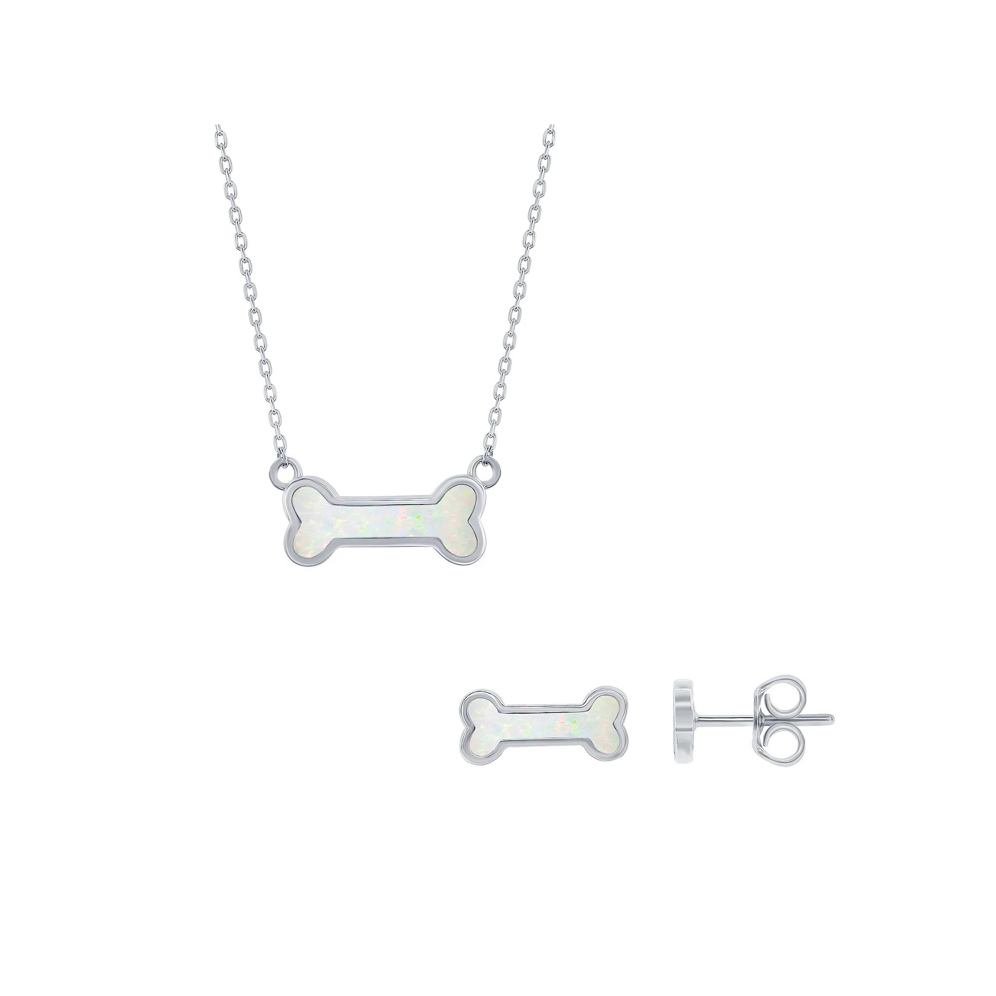 Sterling Silver Lab-Created White Opal Dog Bone Necklaces & Earrings Set, Women's Product Image