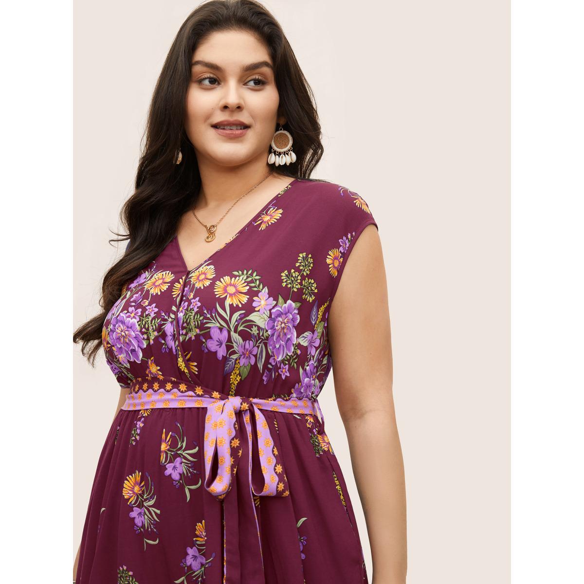 Plus Size RedViolet Boho Print Overlap Collar Belted Sleeveless Jumpsuit Women Resort Cap Sleeve V-neck Vacation Loose Jumpsuits BloomChic 22-24/3X Product Image