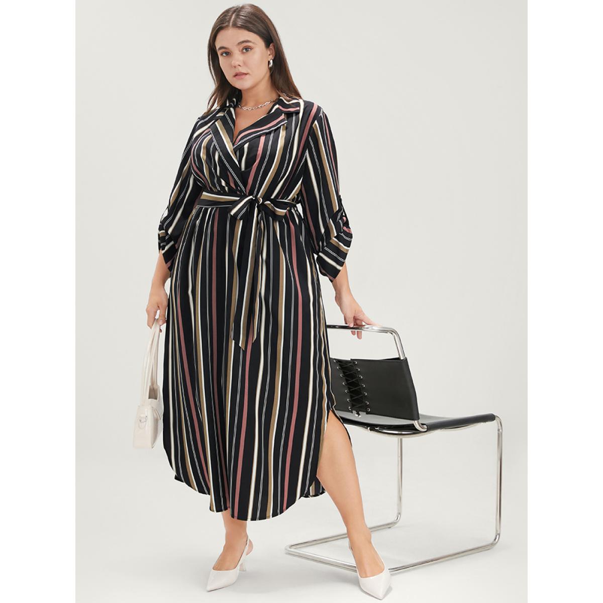 Plus Size Striped Lapel Collar Cuffed Sleeve Pocket Belted Arc Hem Dress DarkBlue Women Office Belted Lapel Collar Long Sleeve Curvy Midi Dress BloomChic 30/6X Product Image