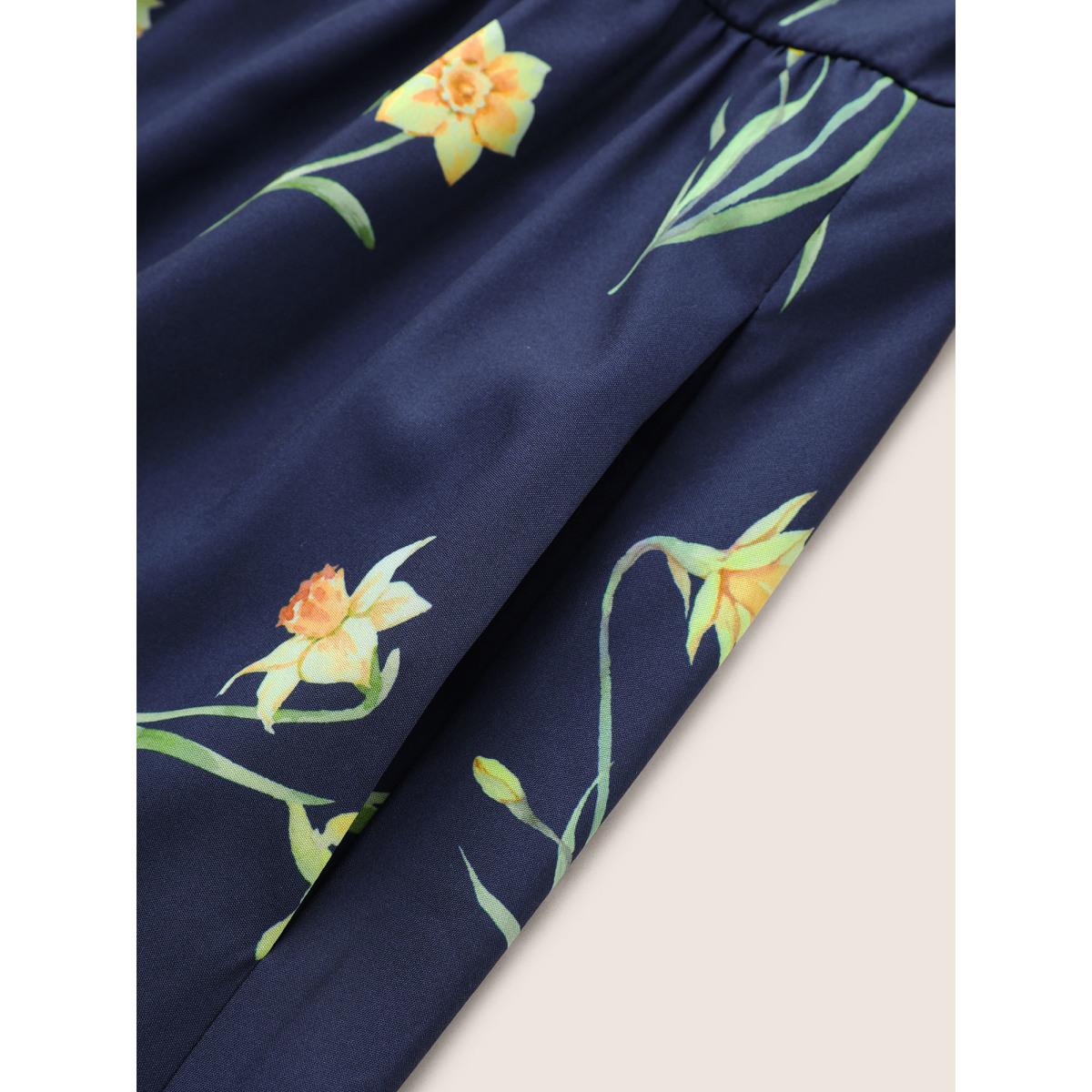 Plus Size Floral Print Belted Gathered Bell Sleeve Dress DarkBlue Women Elegant Non Round Neck Elbow-length sleeve Curvy Midi Dress BloomChic 10/M Product Image