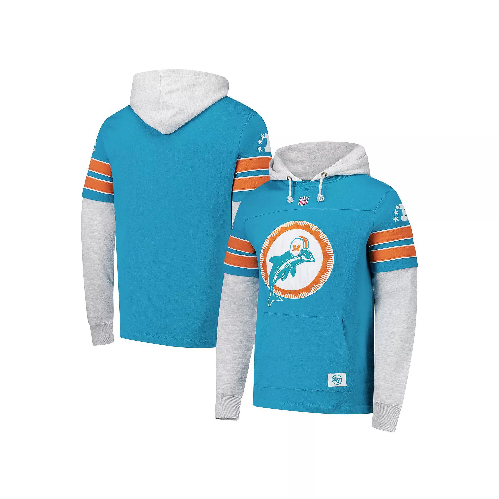 Men's '47 Aqua Miami Dolphins Double Header Blitz Throwback Cornerback Pullover Hoodie,  Product Image