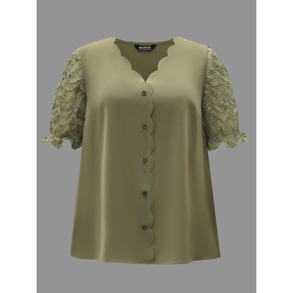 Plus Size Sage Lace Patchwork Scalloped Neck Front-Placket Blouse Women Elegant Half Sleeve V-neck Everyday Blouses BloomChic 12/L Product Image