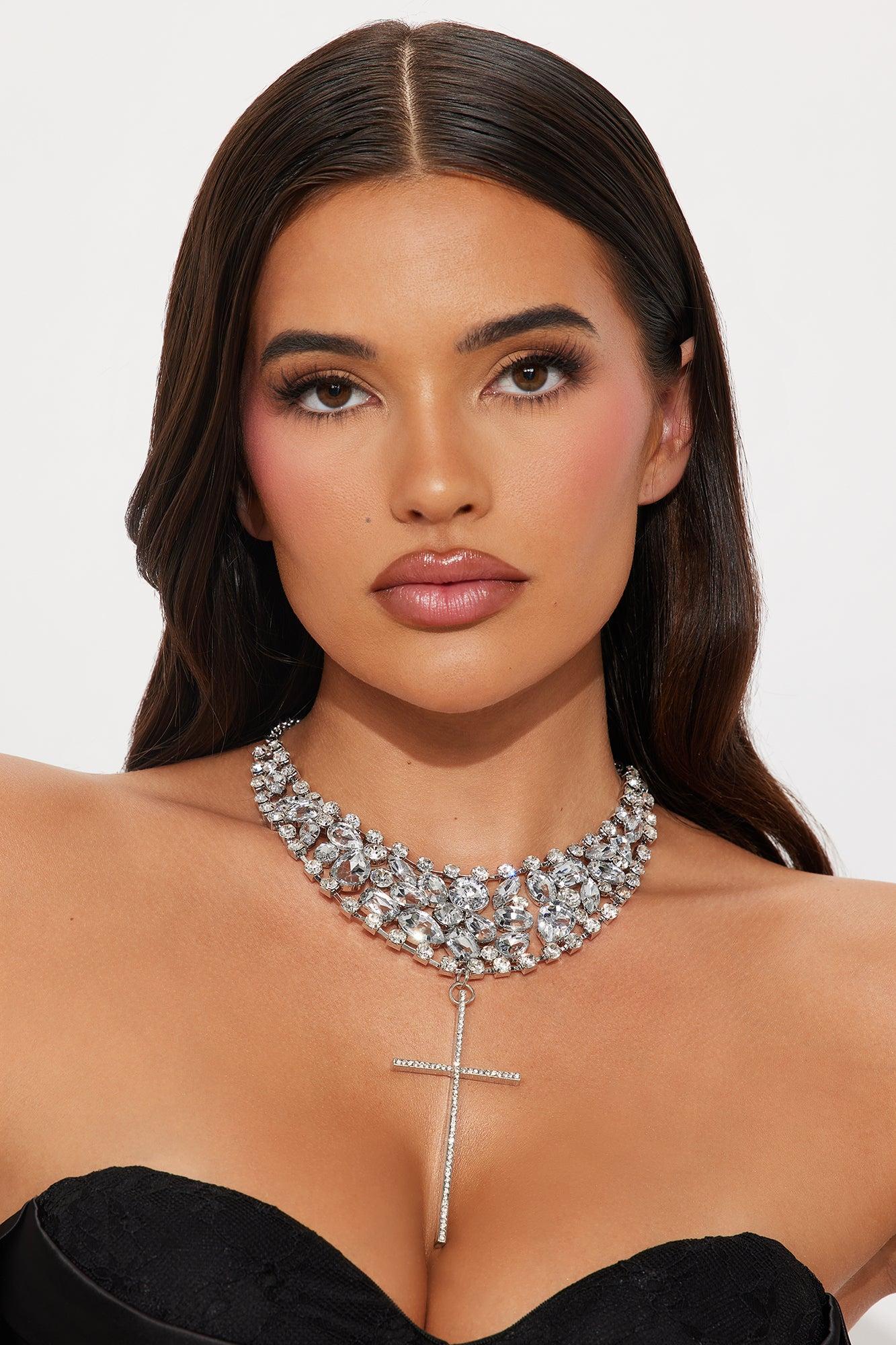 So With It Rhinestone Cross Pendant Necklace - Silver Female Product Image