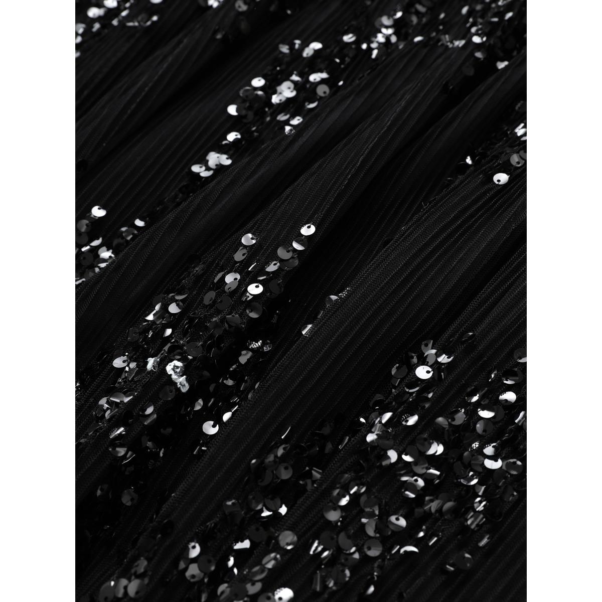 Plus Size Sequin Mesh Patchwork Square Neck Elastic Waist Dress Black Women Cocktail Sequin Square Neck Half Sleeve Curvy Midi Dress BloomChic 18-20/2X Product Image