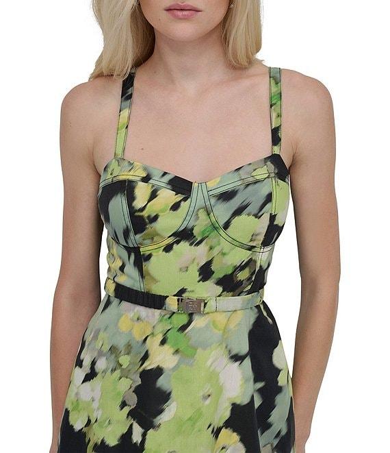 DKNY by Donna Karan Cotton Poplin Floral Sweetheart Neck Sleeveless Belted A-Line Midi Dress Product Image