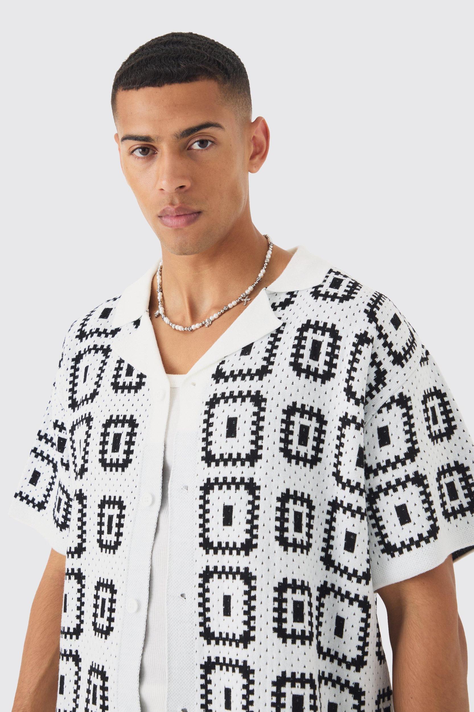 Oversized Boxy Crochet Knit Revere Shirt | boohooMAN USA Product Image
