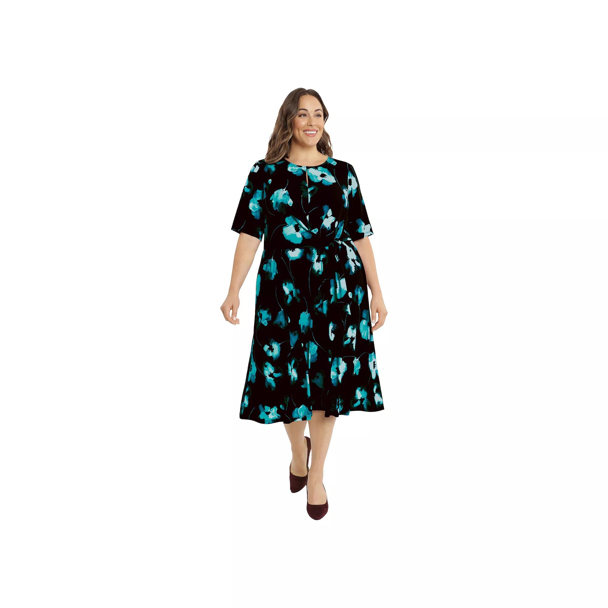 Plus Size London Times Keyhole Elbow Sleeve Midi Dress, Womens Product Image