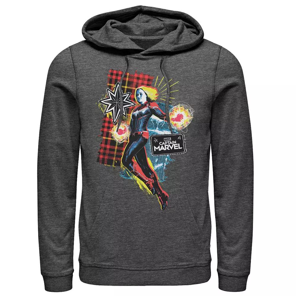 Men's Marvel Captain Marvel Plaid Jean Patched Portrait Pullover Hoodie,  Product Image