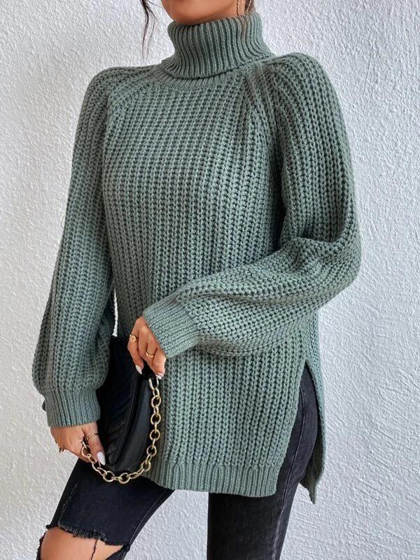 Long Sleeves Loose Solid Color Split-Side High Neck Pullovers Sweater Tops Product Image