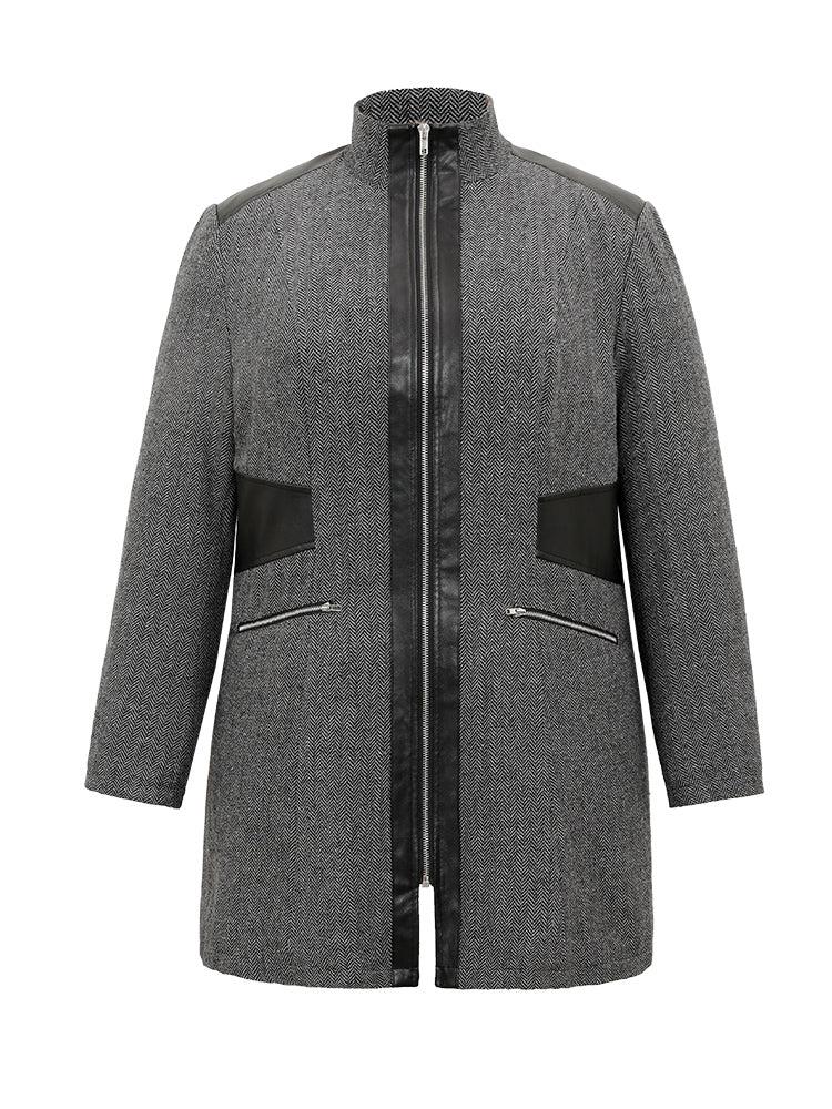 Padded Patchwork PU Leather Zipper Coat Female Product Image