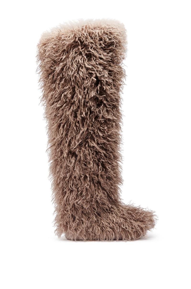 AZALEA WANG TEMPLETON TAUPE FAUX POODLE FUR OVER THE KNEE BOOT Product Image