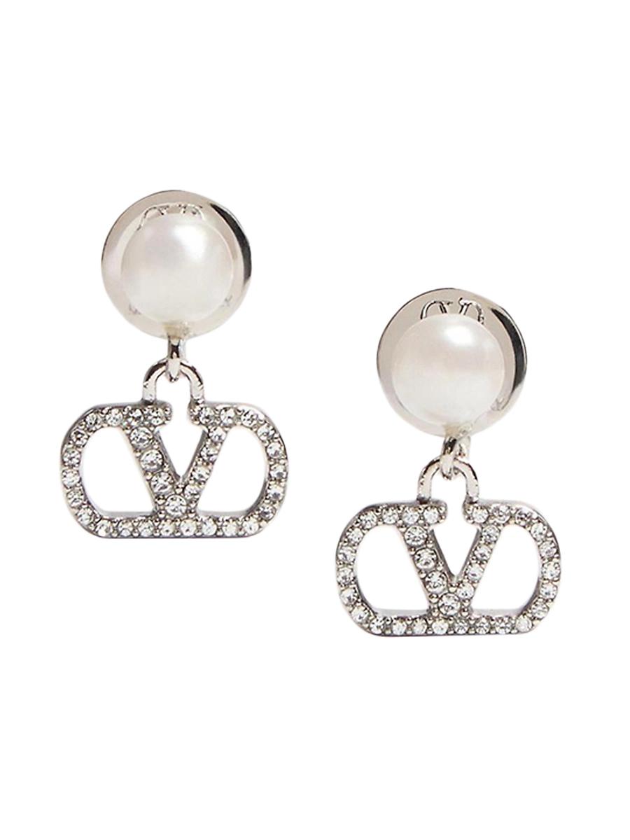 Womens VLogo Signature Earrings in Metal, Pearl and Swarovski Crystals Product Image