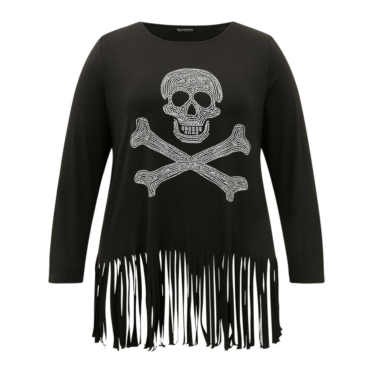 Plus Size Halloween Skull Rhinestone Fringe Trim T-shirt Black Women Casual Tassels Halloween Festival-Halloween T-shirts BloomChic 30/6X Product Image