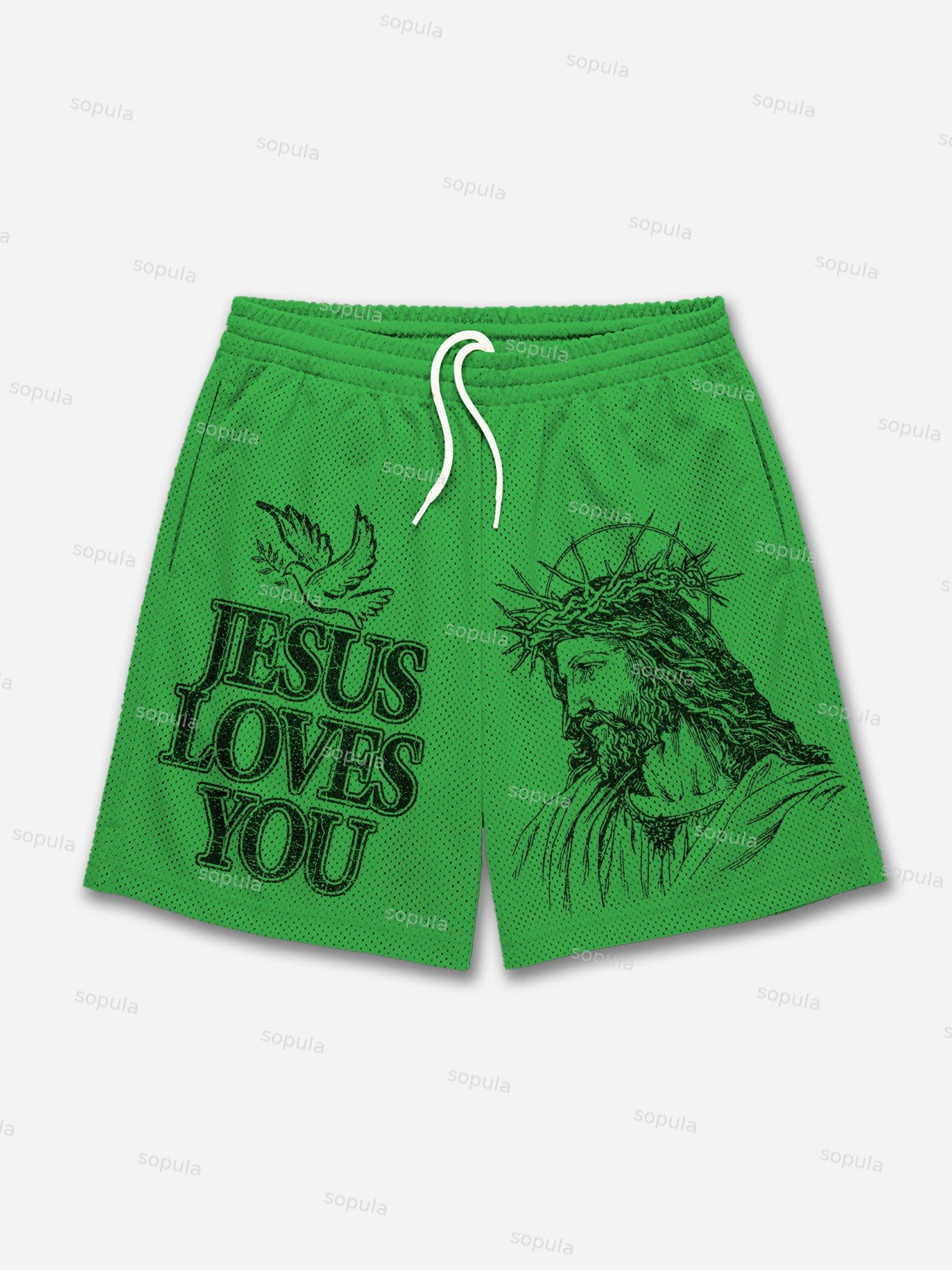 Jesus Loves You Print Mesh Shorts Product Image