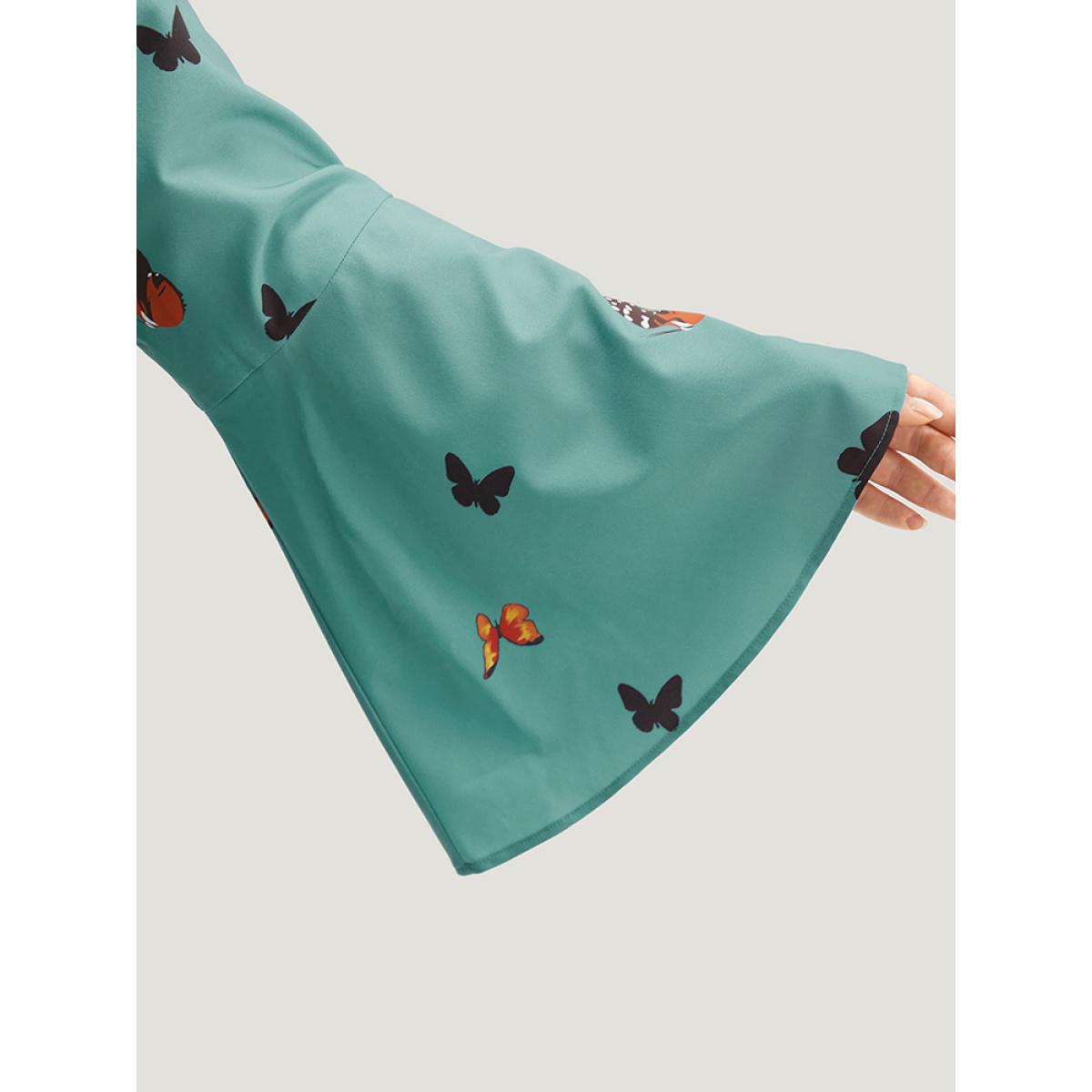 Plus Size Butterfly & Floral Print Knot Neck Bell Sleeve Dress Turquoise Women Elegant Cross straps Tie Neck Long Sleeve Curvy Knee Dress BloomChic 12/L Product Image