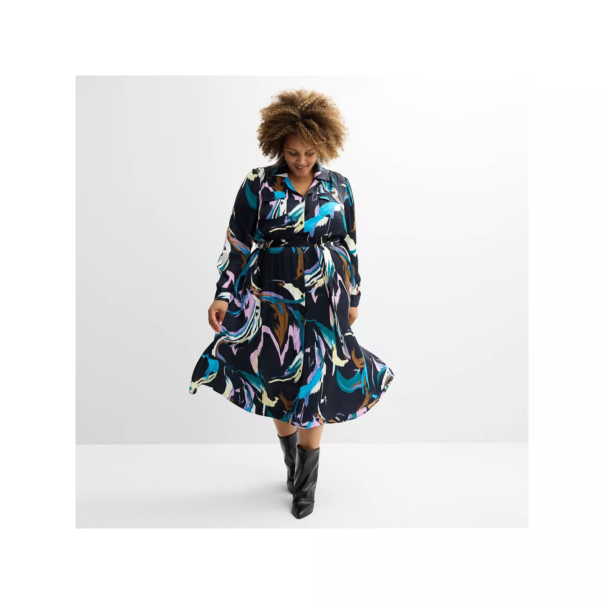 Plus Size Nine West Midi Shirt Dress, Women's, Size: 0X, Multi Brush Flares Product Image