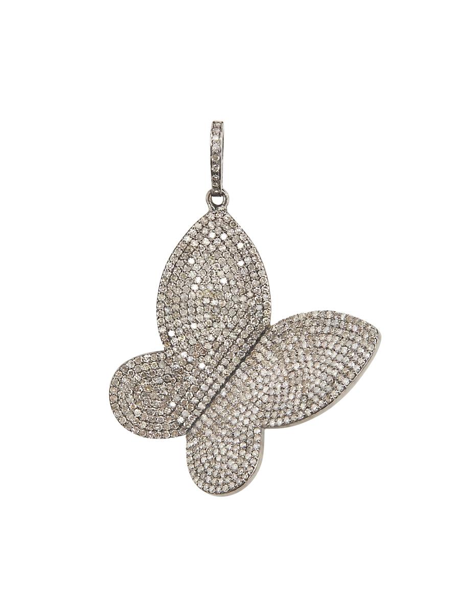 Womens Rhodium-Plated Silver & Champagne Diamond Butterfly Pendant Product Image