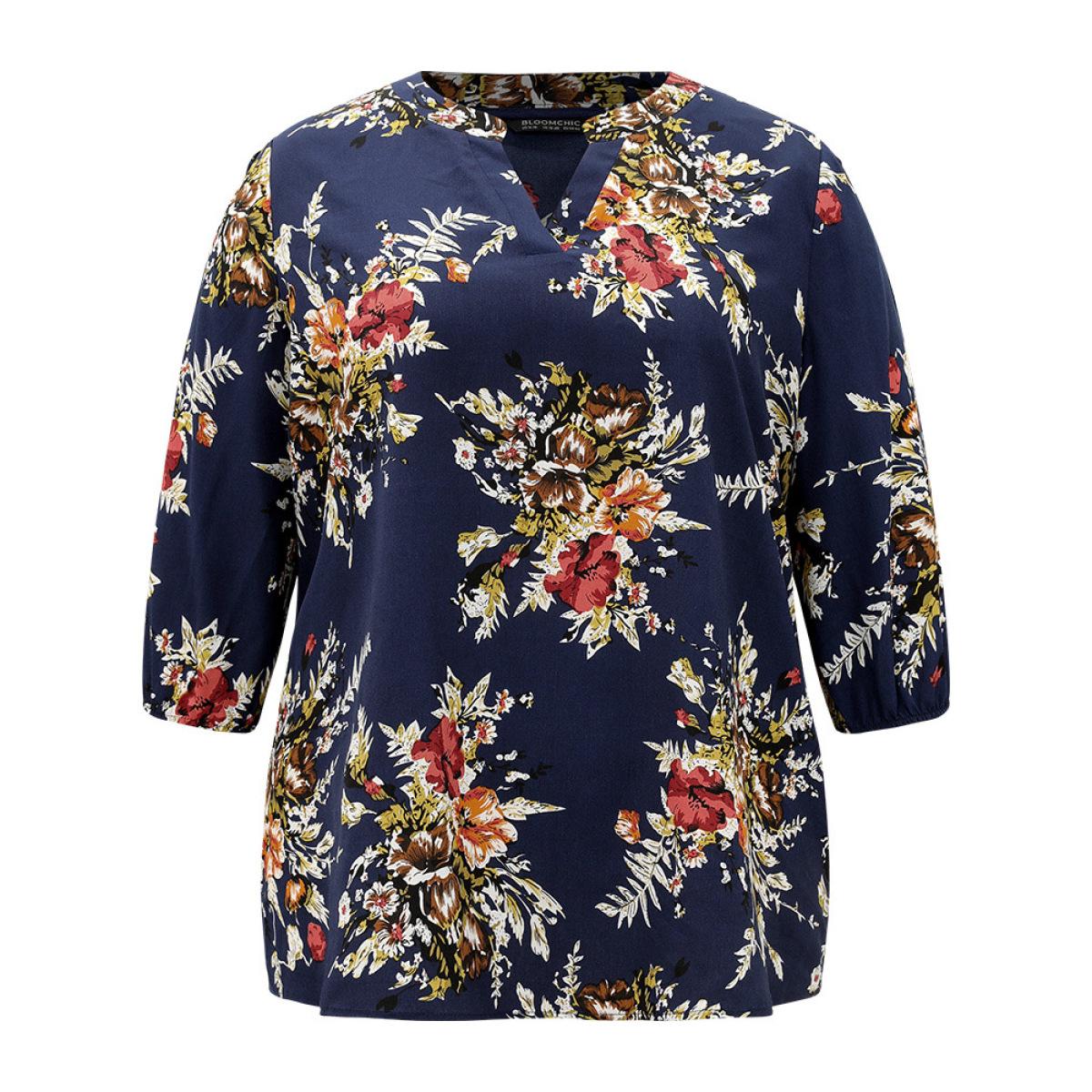 Plus Size Indigo Floral Print Notched Elastic Cuffs Blouse Women Elegant Elbow-length sleeve V-neck Dailywear Blouses BloomChic 30/6X Product Image