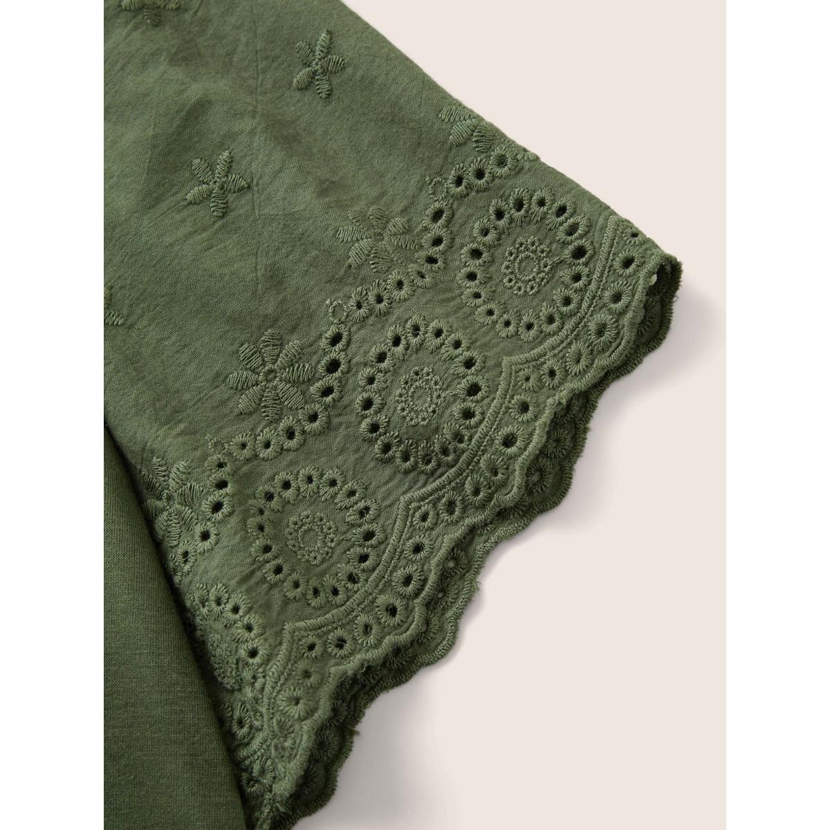 Plus Size Plain Crew Neck Broderie Anglaise T-shirt ArmyGreen Women Elegant Non Plain Round Neck Everyday T-shirts BloomChic 12/L Product Image