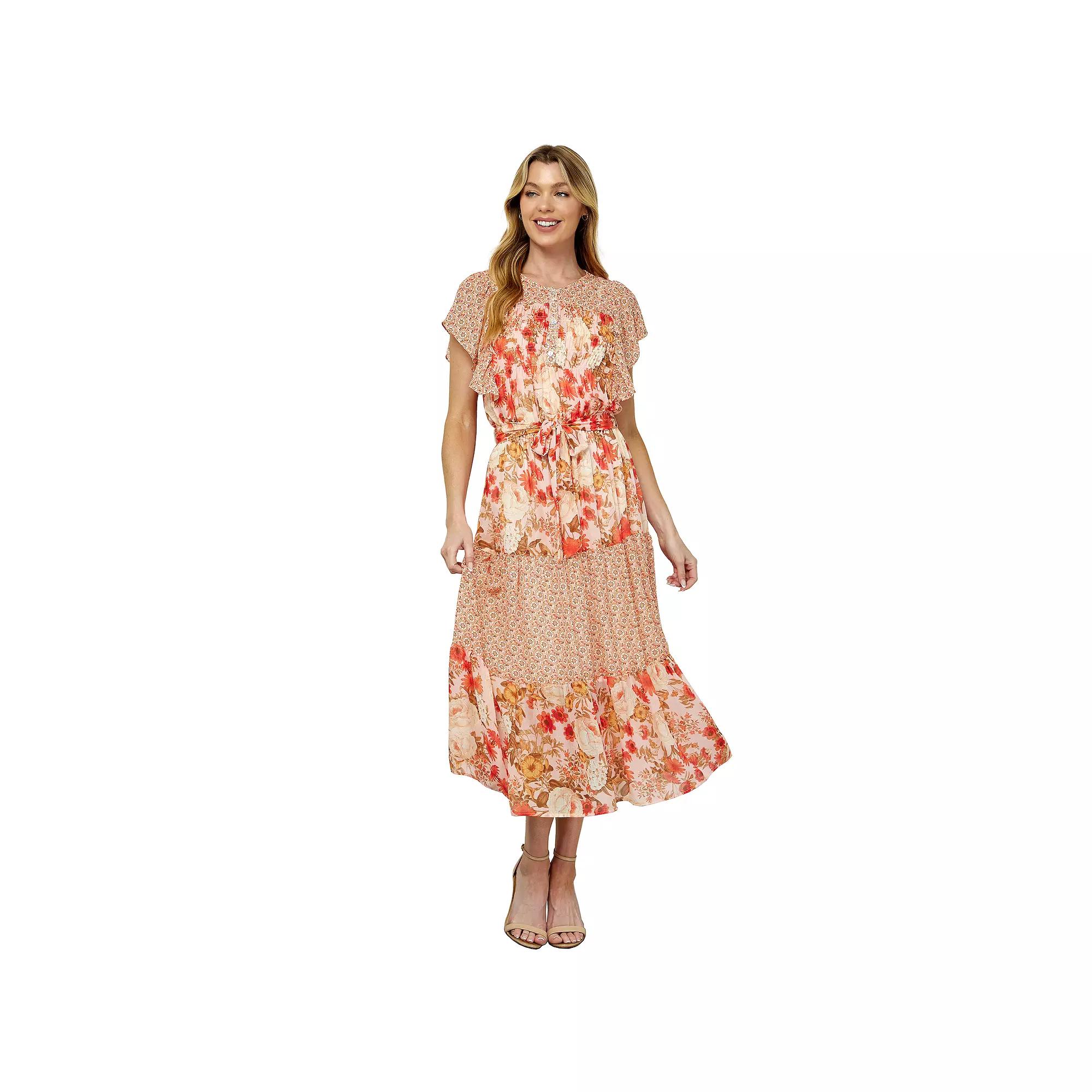 Women's Figueroa & Flower Ruffle Sleeve Midi Dress, Size: Medium, Peach Orange Product Image