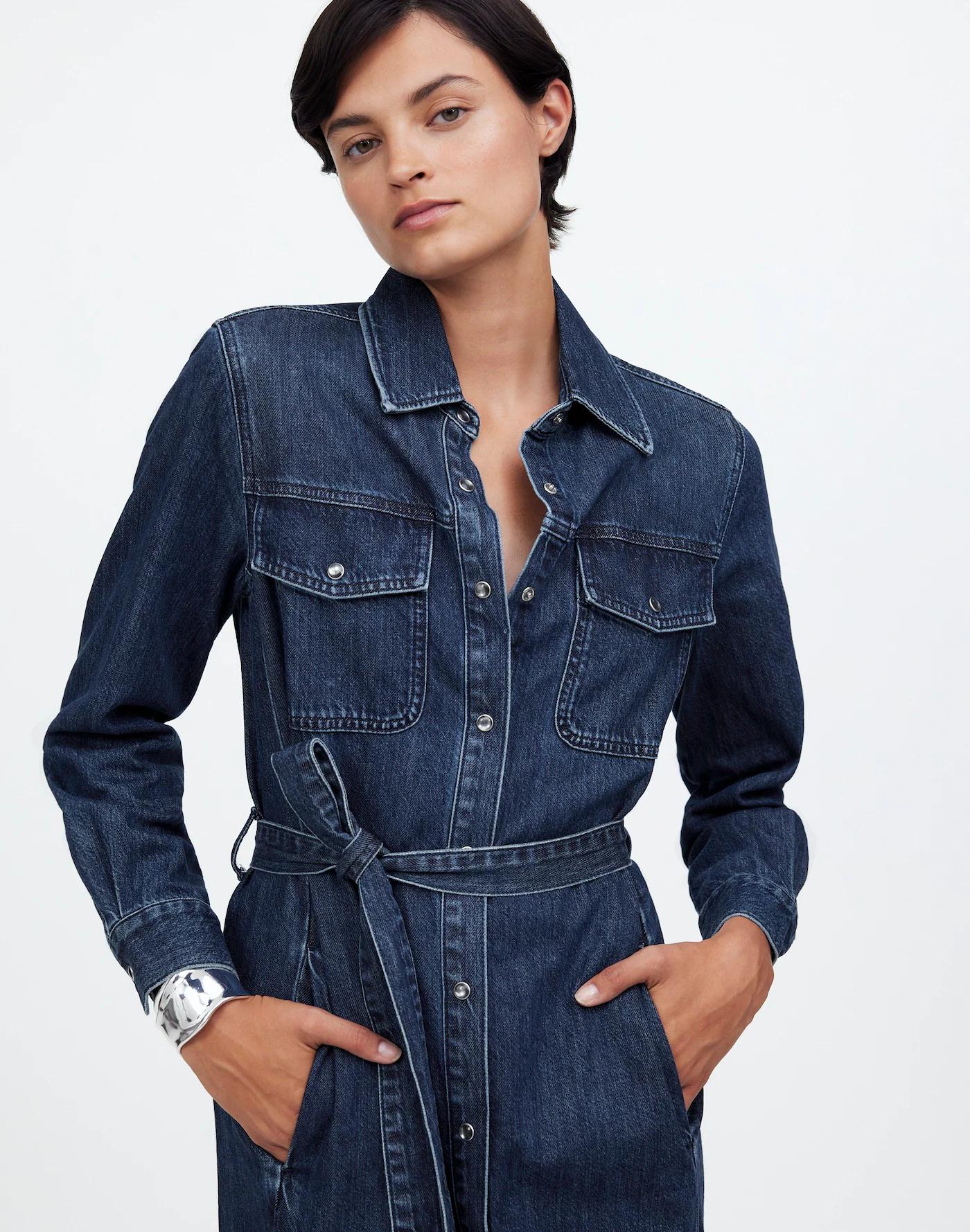 Denim Tie-Waist Midi Shirtdress in Avenida Wash Product Image