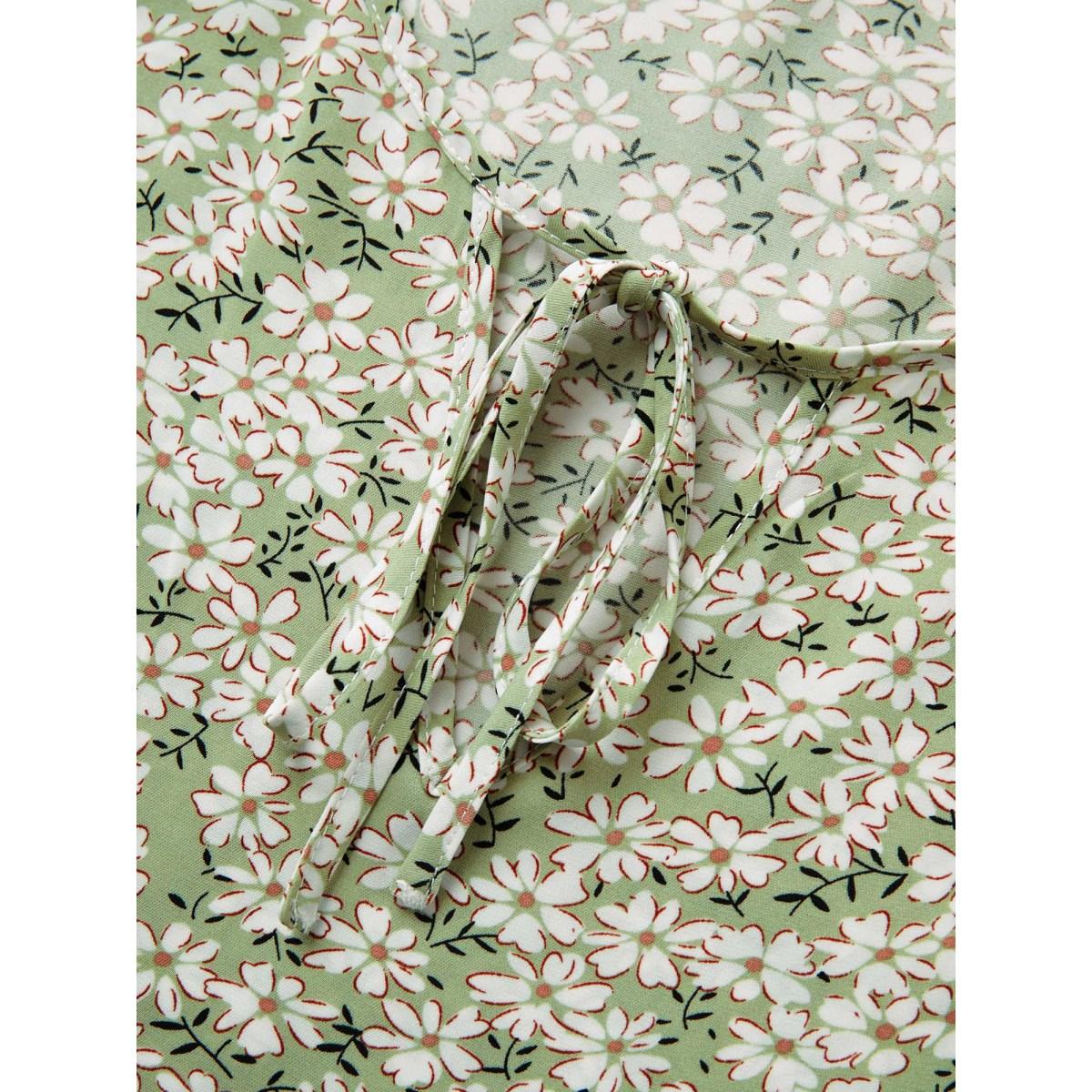 Plus Size Sage Ditsy Floral Ruffle Sleeve Gathered Ties Blouse Women Elegant Short sleeve Ribbon-tied collar Everyday Blouses BloomChic 28/5X Product Image