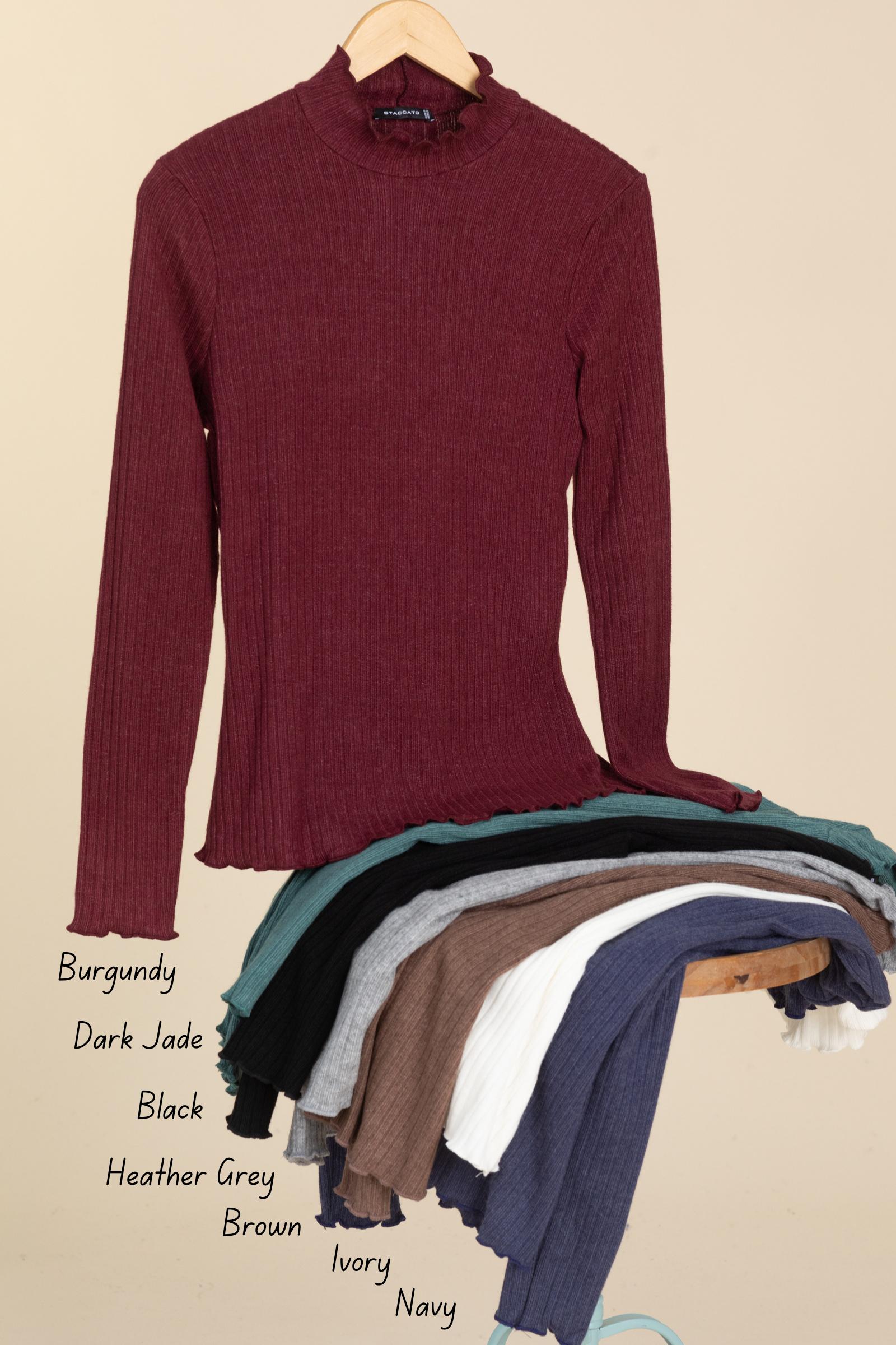 Ribbed Mock Neck Lettuce Hem Knit Tops Product Image