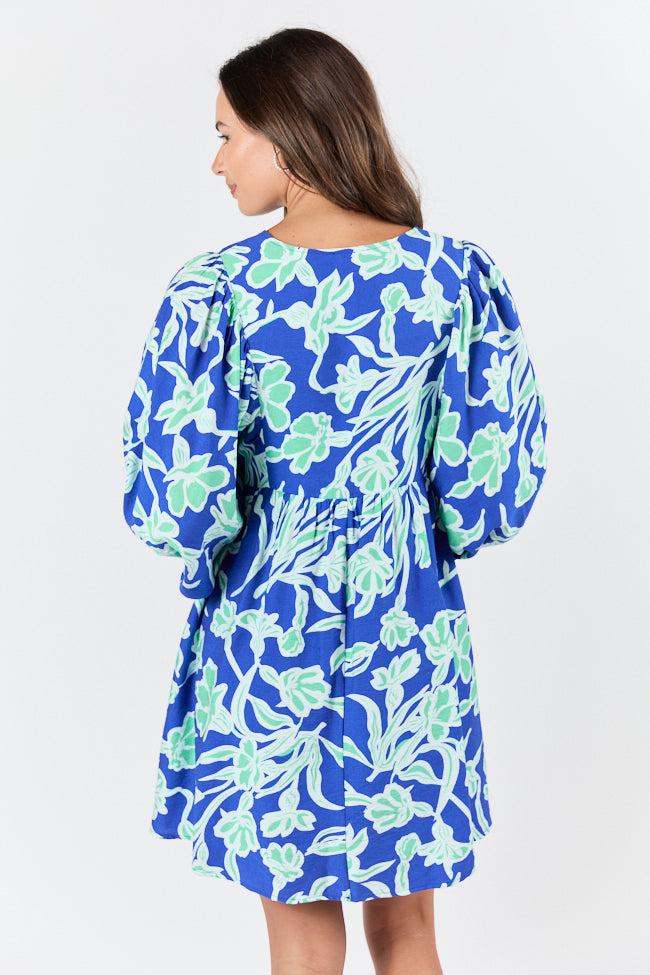 Keep The Flowers Blue and Green Floral Print Long Sleeve Mini Dress FINAL SALE Product Image