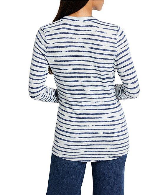 NIC + ZOE NZT Stripe Knit Cozy Round Neck Long Sleeve Henley Top Product Image